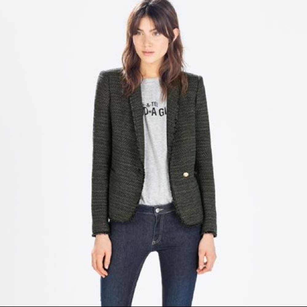 Zara Tweed Green Blazer Gold Accents - Picture 1 of 8